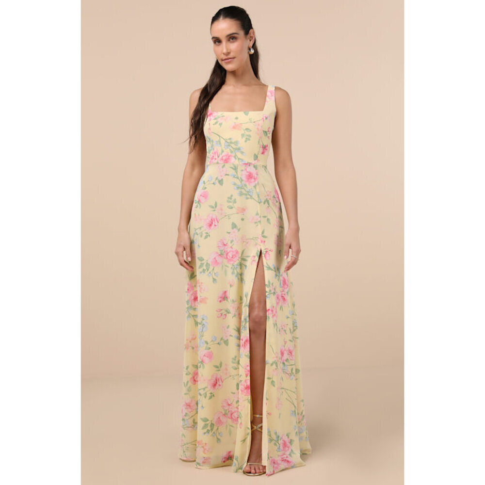 Lulus Remarkable Arrival Yellow Multi Floral Sleeveless Maxi Dress - Size XL
